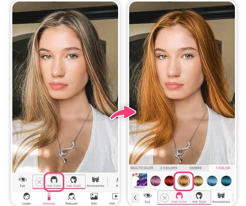 تطبيق تغيير لون الشعر بواسطة الذكاء الاصطناعي في YouCam Makeup